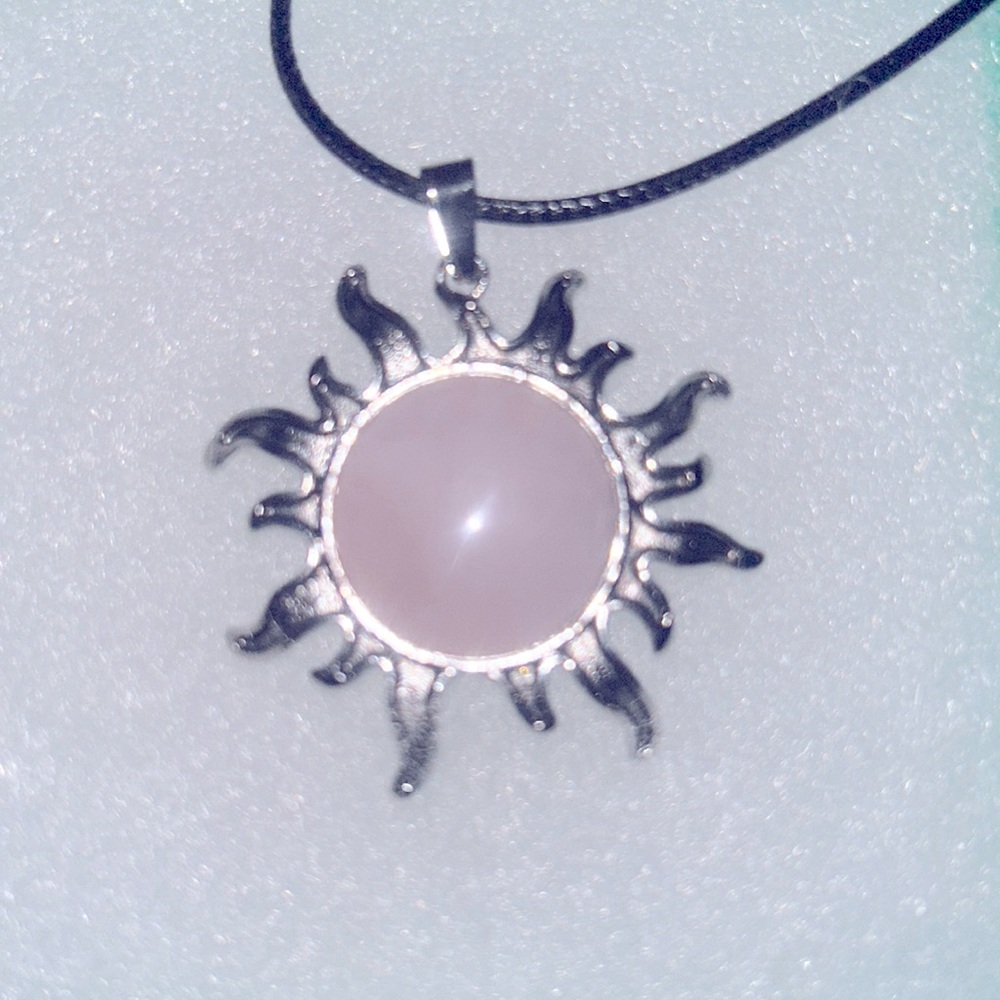Boho hippie Rose Quartz Crystal Sun on Black Cord 18-20” Necklace